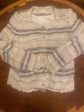 IRO Ivory and Black Striped Textured Woven Jacket With Silver Hardware
